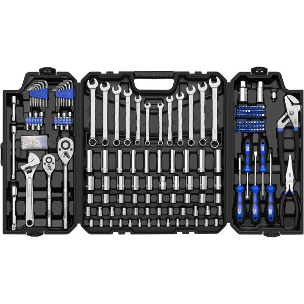 240-Piece Mechanics Hand Tool Set, General Assorted SAE/Metric Sockets and Wrenches Automotive Repair Tool Kit with Plastic Storage Toolbox