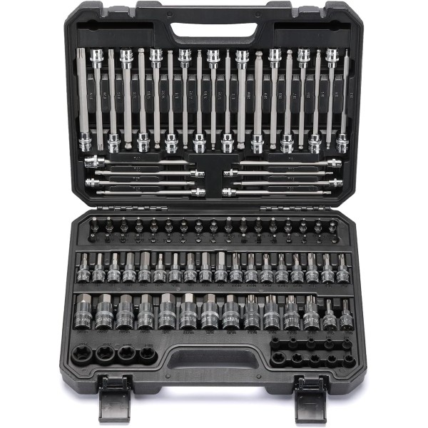 107 Pieces Bit Socket Set, 1/4", 3/8" and 1/2" Drive, Torx/Extra Long Torx/Tamper Proof Torx/Hex/Ball End Hex, SAE/Metric, S2 Steel Bits