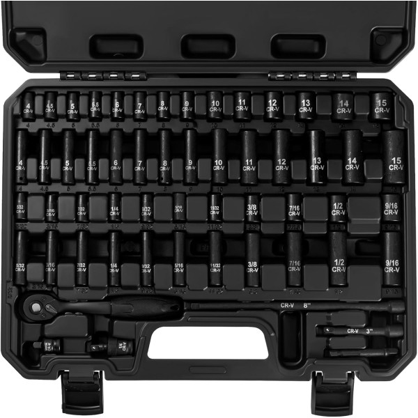 56 Pcs 1/4" Drive Socket Set, SAE (5/32"-9/16") & Metric (4mm-15mm), Deep & Shallow, 72-Tooth Ratchet Wrench, Extension Bars, 3/8" F to 1/4" M Reducer, Universal Joint & Power Drill Adapter