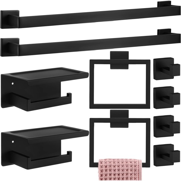 10 Pcs Bathroom Towel Bar Holder Kit 23.6 Inch Towel Ring Robe Hook Toilet Paper Holder
