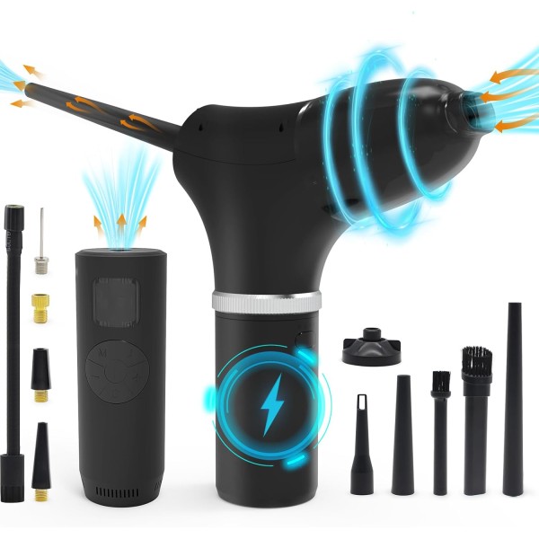 Electric Compressed Air Duster and Air Pump & Vacuum 3 in 1, 145PSI Portable Air Pump for Car Tires, Rechargeable 50000RPM Cordless No Canned Air Duster Air Blower for Computer/PC/Keyboard