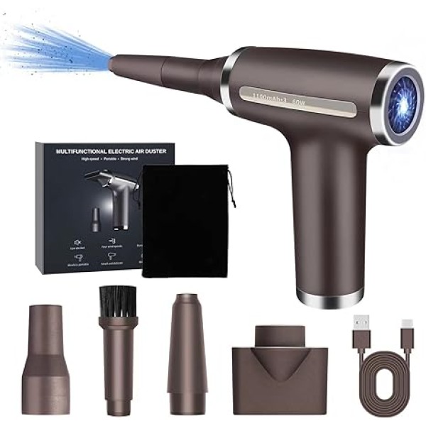 Compressed Air Duster, Cordless, Rechargeable, Powerful 120000RPM, Low Noise Electric Canned Air for Computer Keyboard Cleaner and Drying